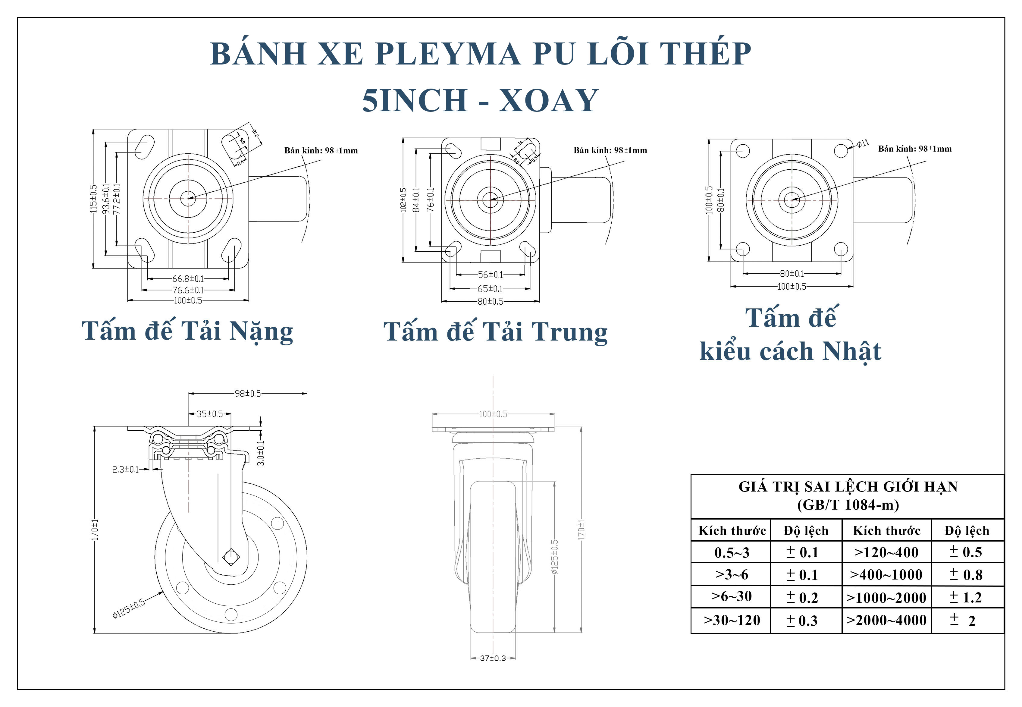 Bản vẽ bánh xe Pleyma PU lõi thép 5Inch