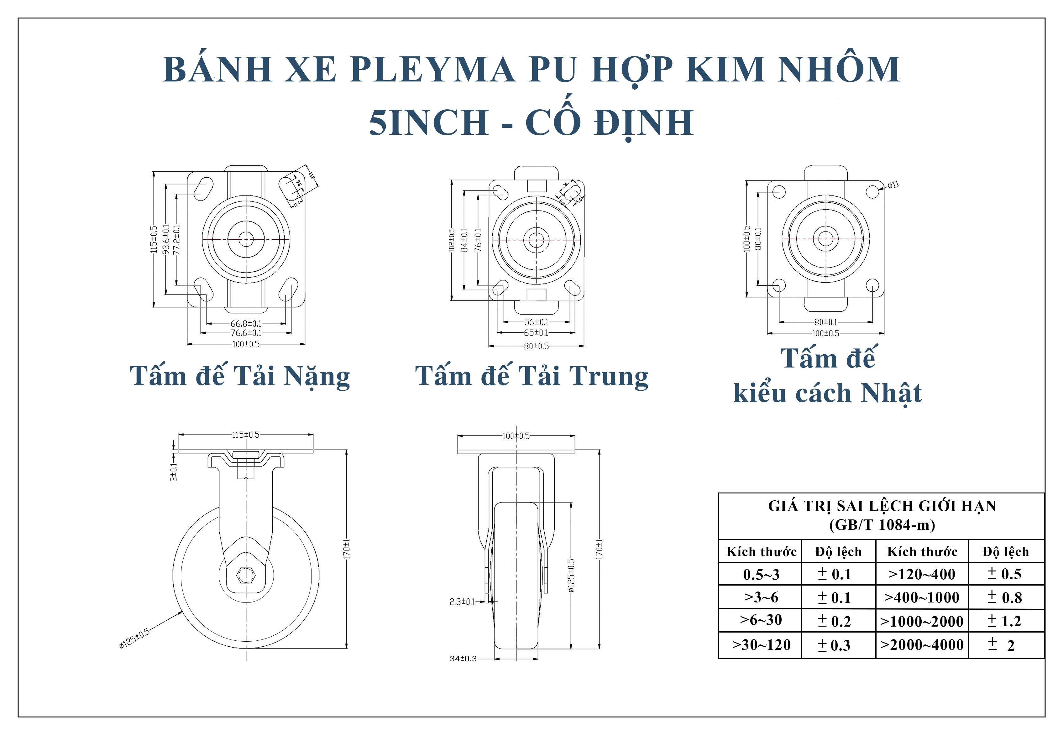 Bản vẽ bánh xe Pleyma PU hợp kim Nhôm 5Inch